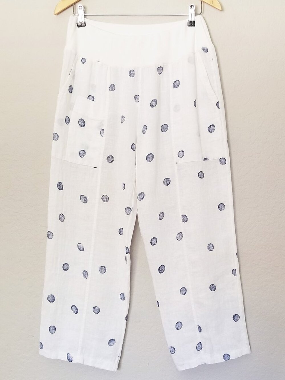 INIZIO Made in Italy Linen Polka Dot Seamed Crop Pants Size XL White Navy Blue